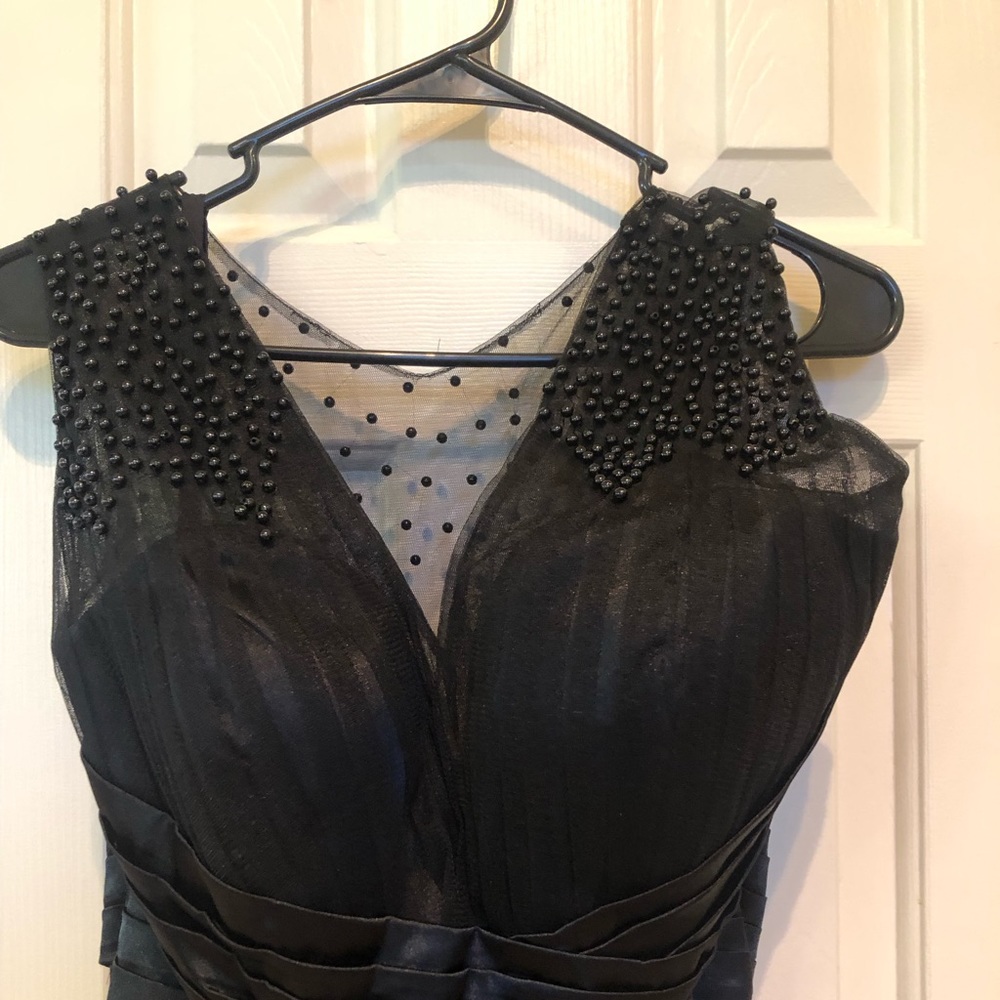 Black NEW A- Line illusion front & back Beading Sleeveless Long Silk like Satin